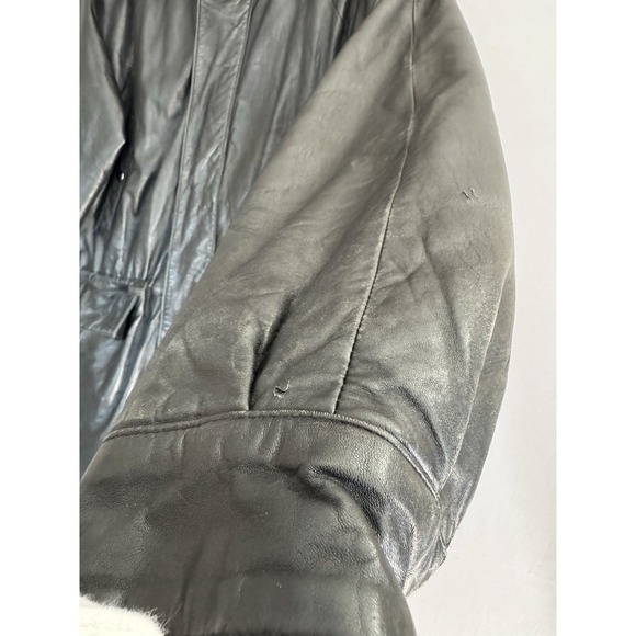 Vintage Wilsons Black Leather Coat Mens Medium Hooded Faux Fur Trim Quilted Y2K - Picture 9 of 13